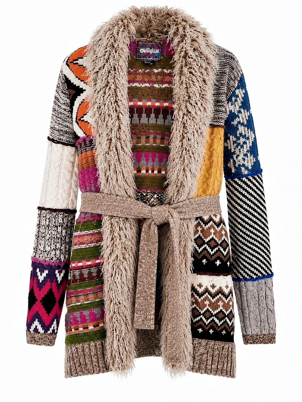 Desigual Patchwork Knit Cardigan Brown & Multicolor Size Medium